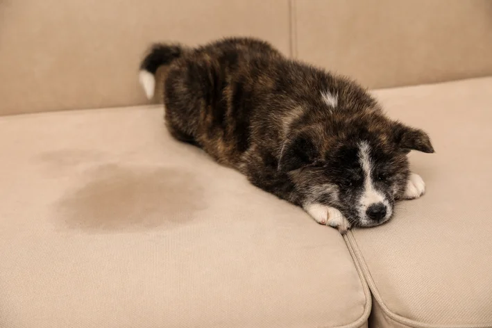 cachorro deitado no sofá ao lado de uma mancha de xixi