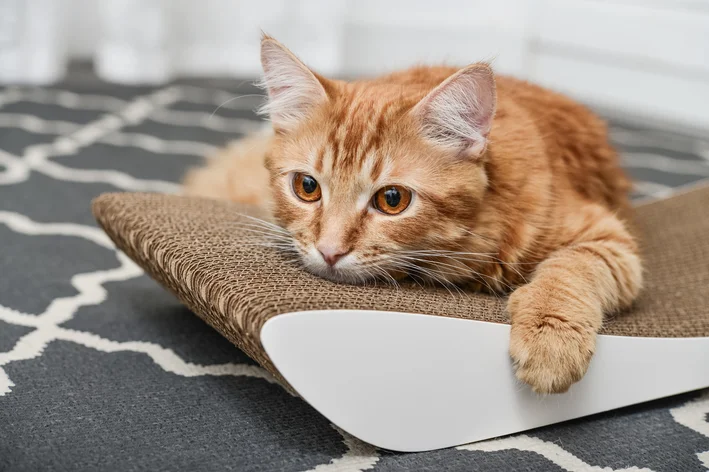 gato sentado em um arranhador de papelão
