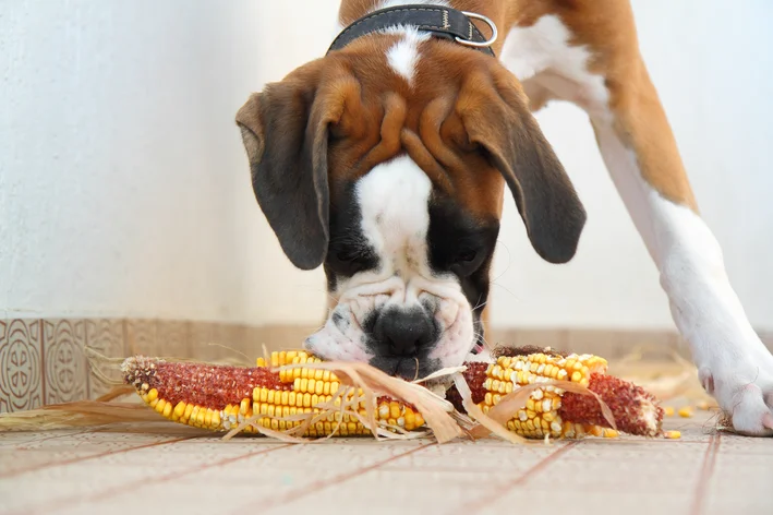 cachorro comendo espiga de milho