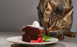 gato olhando para um bolo de chocolate