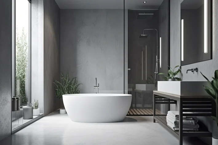 banheiro com porcelanato cinza