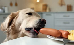 Cachorro tentando comer salsicha