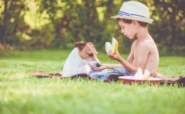 menino dando melão para cachorro comer