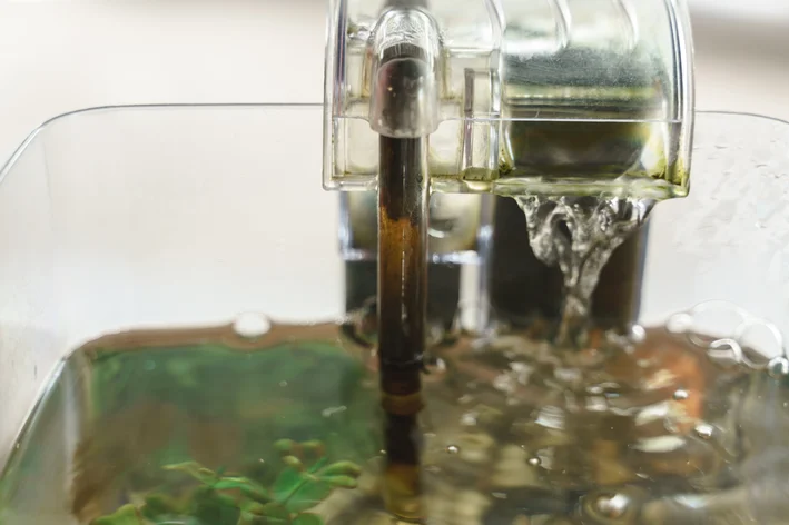 close de filtro de aquário com água limpa