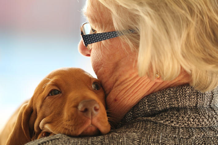 idosa abraçando pet durante terapia assistida por animais